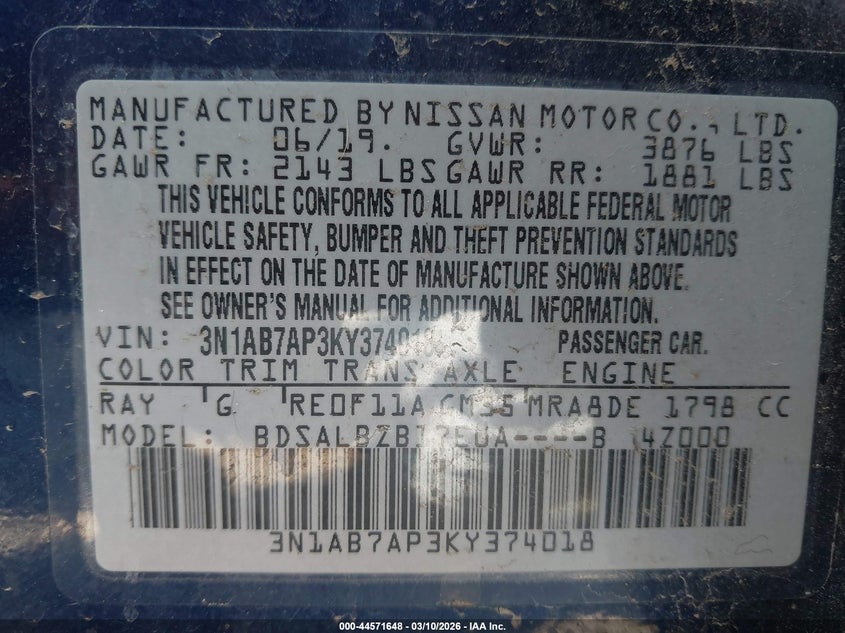 VIN 3N1AB7AP3KY374018 2019 NISSAN SENTRA S