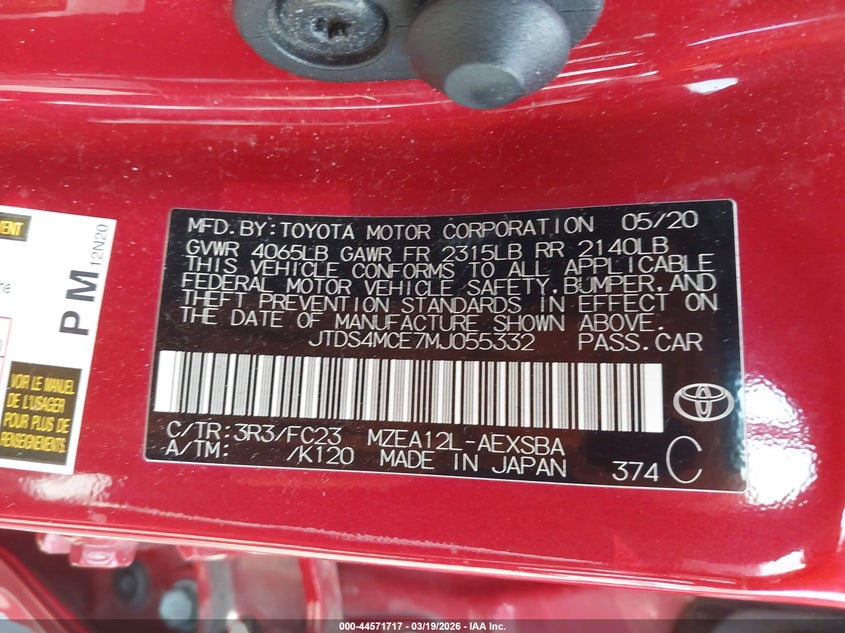 2021 TOYOTA COROLLA 2.0L I-4 DI, DOHC, V(VIN: JTDS4MCE7MJ055332
