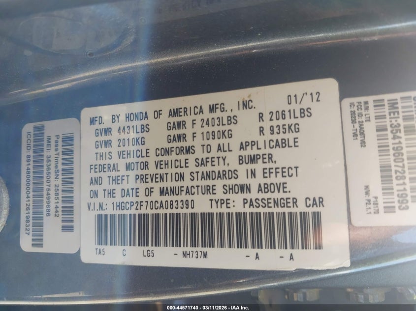 2012 Honda Accord 2.4 2.4 Ex grey Lot 111044571740 Vin 1HGCP2F70CA083390
