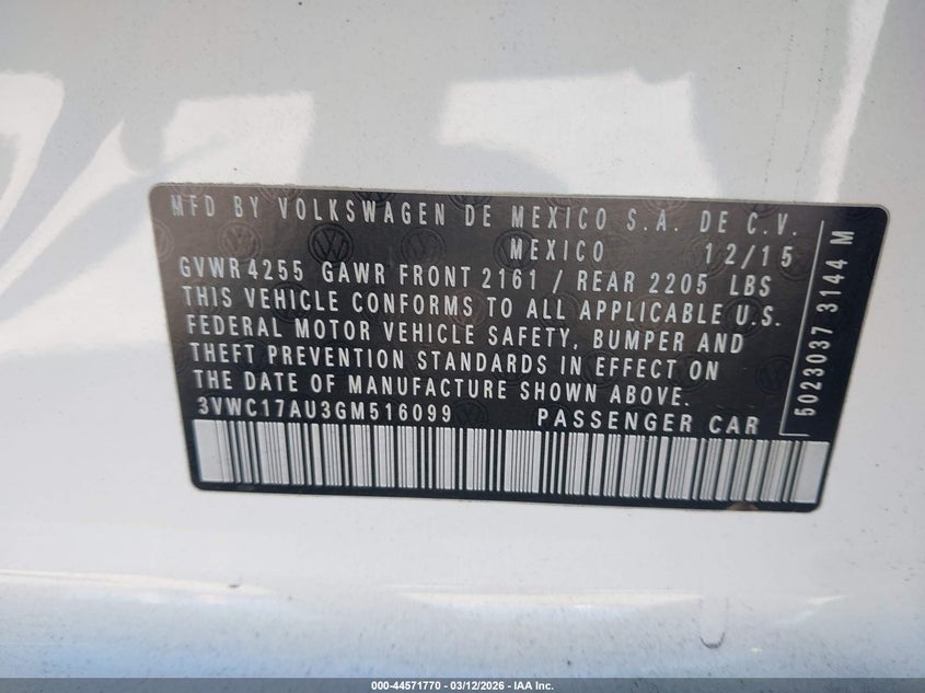 2016 Volkswagen Golf Sportwagen Tsi S 4-Door VIN: 3VWC17AU3GM516099 Lot: 44571770