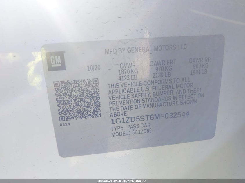 2021 Chevrolet Malibu Fwd Lt VIN: 1G1ZD5ST6MF032544 Lot: 44571842