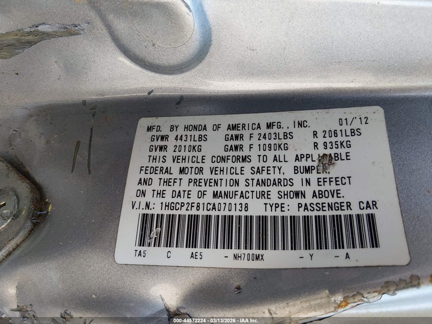 2012 Honda Accord 2.4 2.4 Ex-L silver Lot 111044572224 Vin 1HGCP2F81CA070138