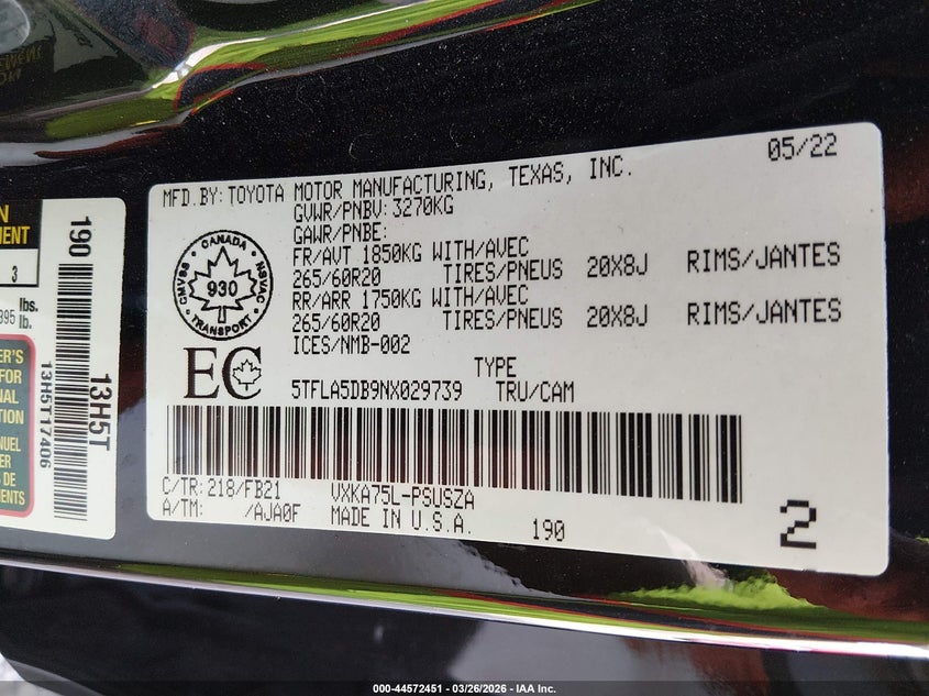 2022 Toyota Tundra Sr VIN: 5TFLA5DB9NX029739 Lot: 44572451