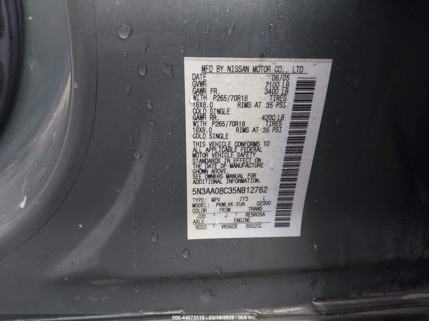 2005 Infiniti Qx56 VIN: 5N3AA08C35N812762 Lot: 44573115