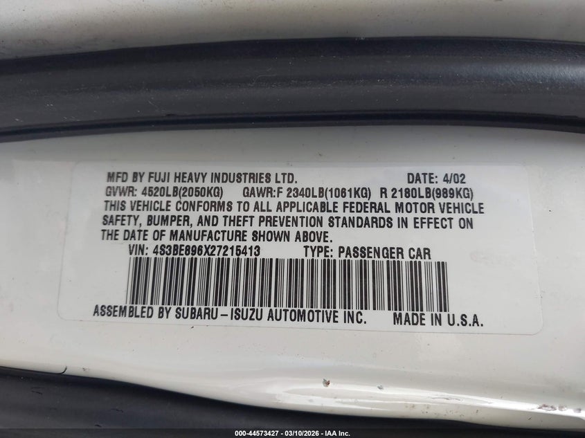 2002 Subaru Outback VIN: 4S3BE896X27215413 Lot: 44573427