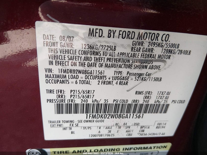 2008 Ford Taurus X VIN: 1FMDK02108GA21561 Lot: 44573503