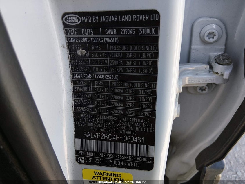2015 Land Rover Range Rover Evoque Pure VIN: SALVR2BG4FH060481 Lot: 44574082