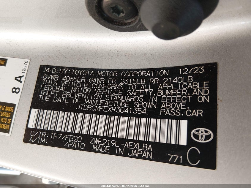 VIN JTDBCMFEXR3041354 2024 TOYOTA COROLLA HYBRID LE