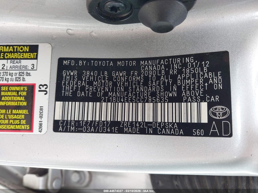 2012 Toyota Corolla 1.8 S silver Lot 111044574327 Vin 2T1BU4EE5CC785635