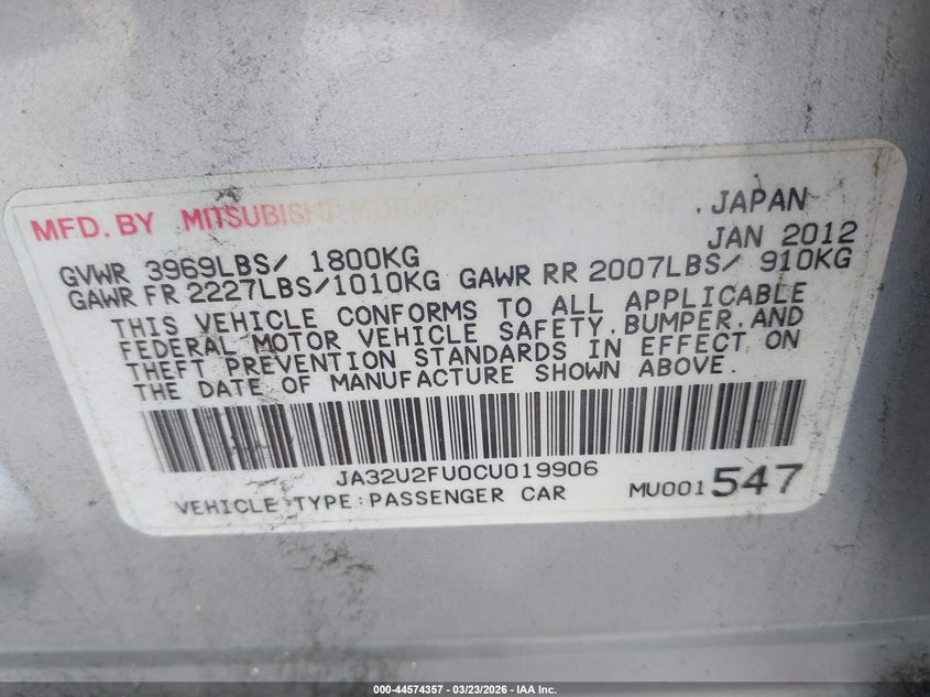 2012 Mitsubishi Lancer Es VIN: JA32U2FU0CU019906 Lot: 44574357