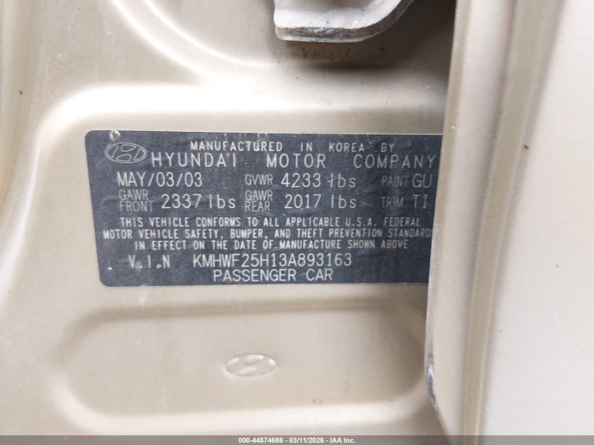 2003 Hyundai Sonata Base W/2.7L V6 VIN: KMHWF25H13A893163 Lot: 44574686