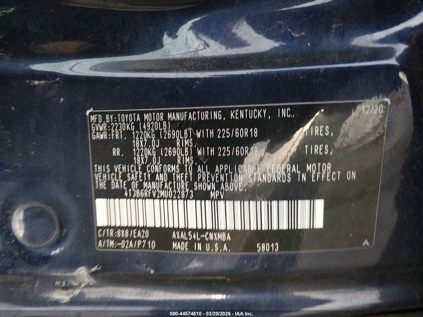 2021 TOYOTA RAV4 HYBRID 2.5L I-4 DI, DOHC, V(VIN: 4T3B6RFV2MU022873