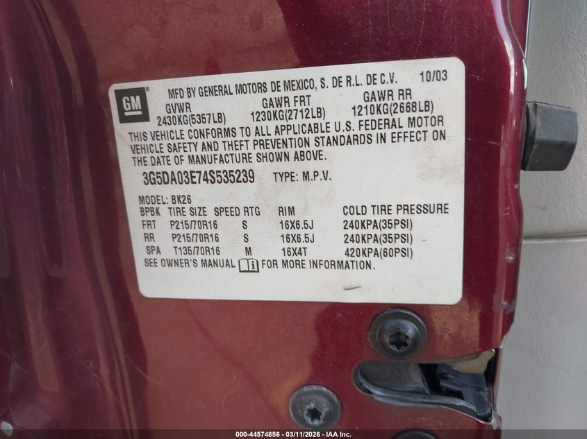2004 Buick Rendezvous Cx VIN: 3G5DA03E74S535239 Lot: 44574856
