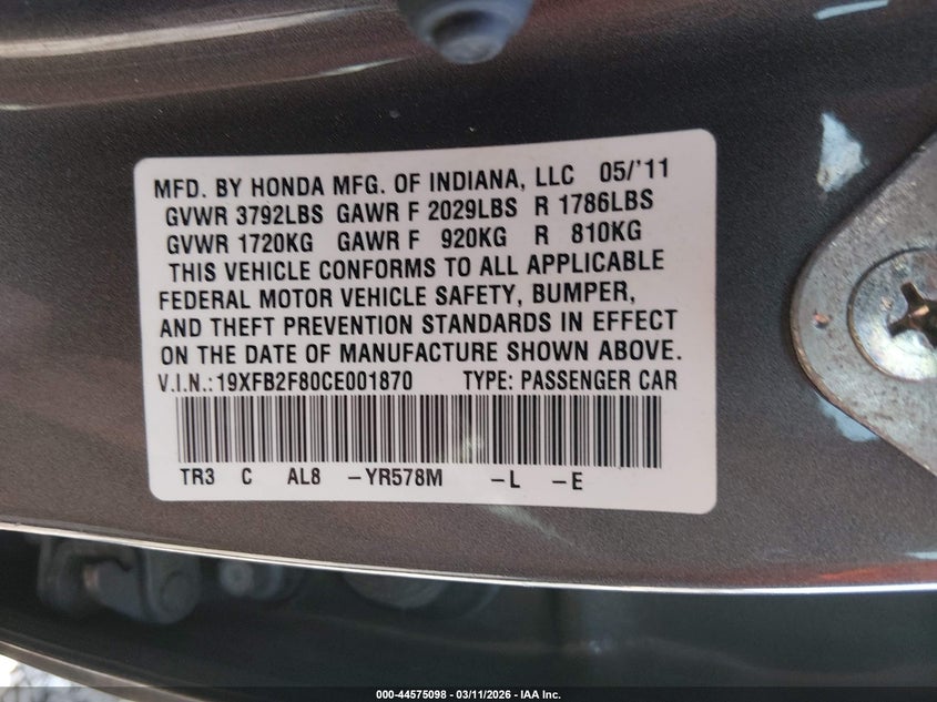 2012 Honda Civic 1.8 Ex brown Lot 111044575098 Vin 19XFB2F80CE001870