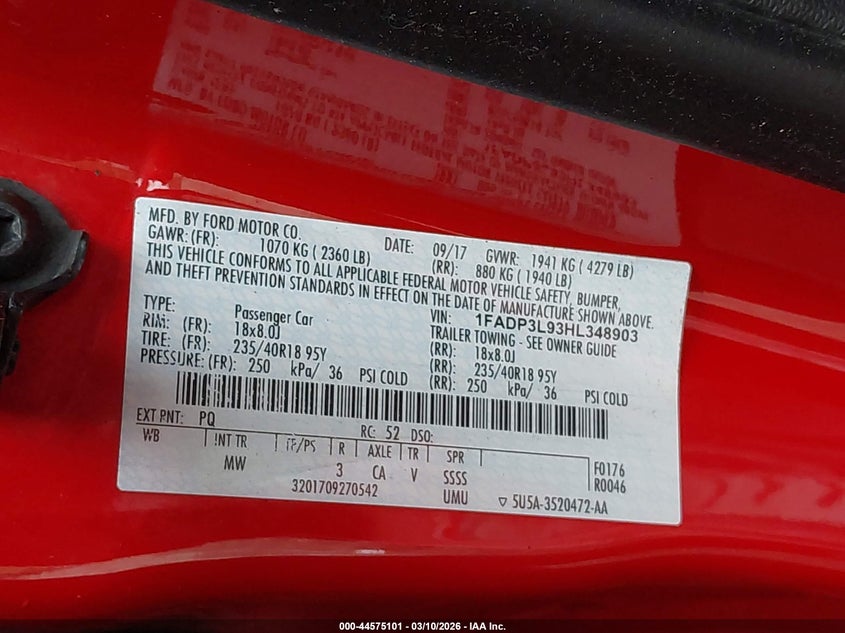 2017 Ford Focus St VIN: 1FADP3L93HL348903 Lot: 44575101