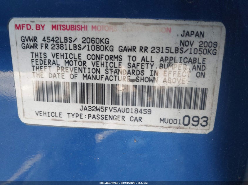 2010 Mitsubishi Lancer Evolution Mr/Mr Touring VIN: JA32W5FV5AU018459 Lot: 44575245