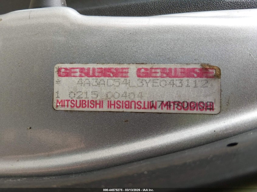 2000 Mitsubishi Eclipse Gt VIN: 4A3AC54L3YE043112 Lot: 44575275