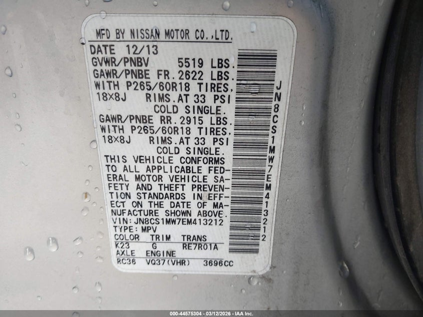 2014 Infiniti Qx70 VIN: JN8CS1MW7EM413212 Lot: 44575304