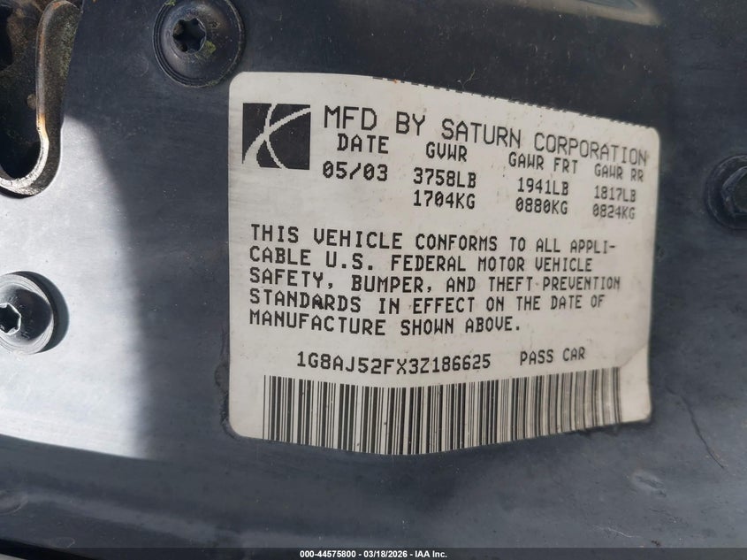 2003 Saturn Ion 2 VIN: 1G8AJ52FX3Z186625 Lot: 44575800