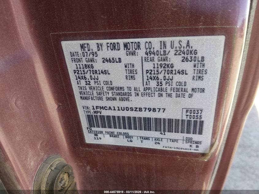 1995 Ford Aerostar VIN: 1FMCA11U0SZB79877 Lot: 44575919
