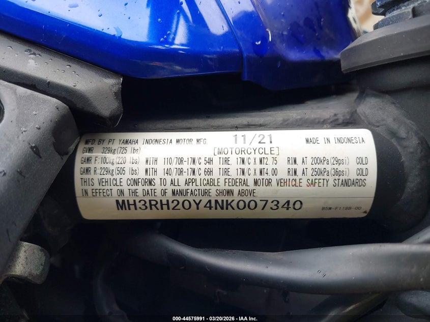 2022 Yamaha Mt-03 VIN: MH3RH20Y4NK007340 Lot: 44575991