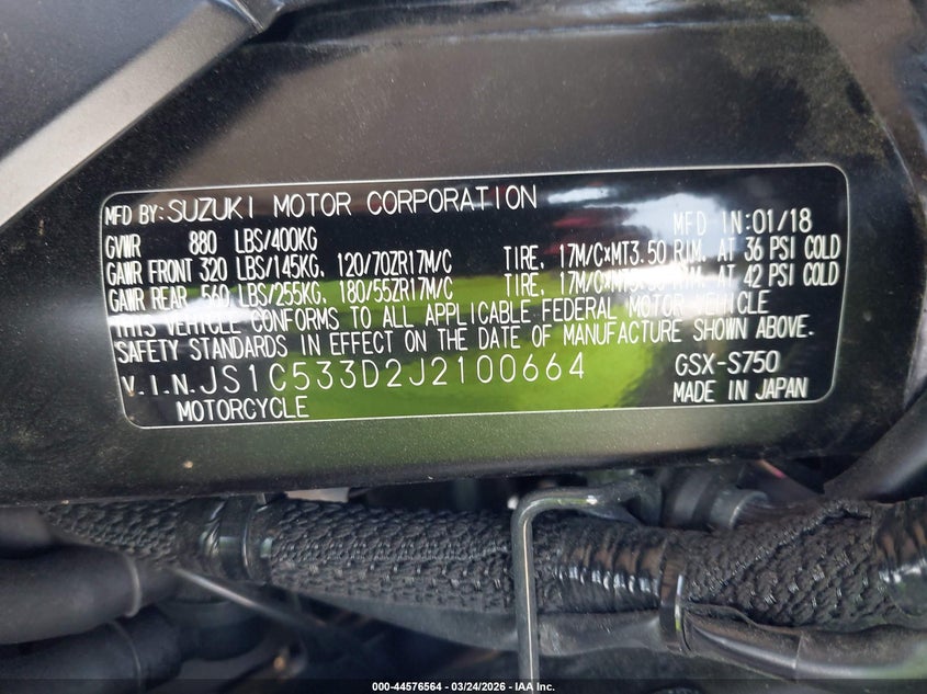 2018 Suzuki Gsx-S750 M/Z VIN: JS1C533D2J2100664 Lot: 44576564