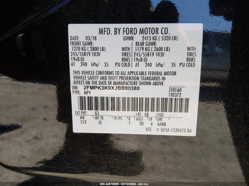 2018 Ford Edge Titanium VIN: 2FMPK3K9XJBB80380 Lot: 44576586