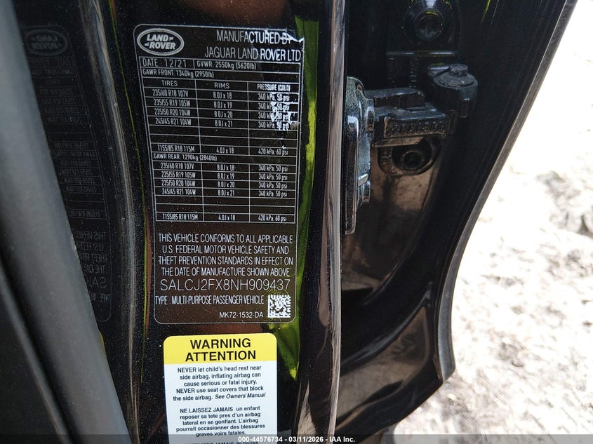 2022 Land Rover Discovery Sport S VIN: SALCJ2FX8NH909437 Lot: 44576734