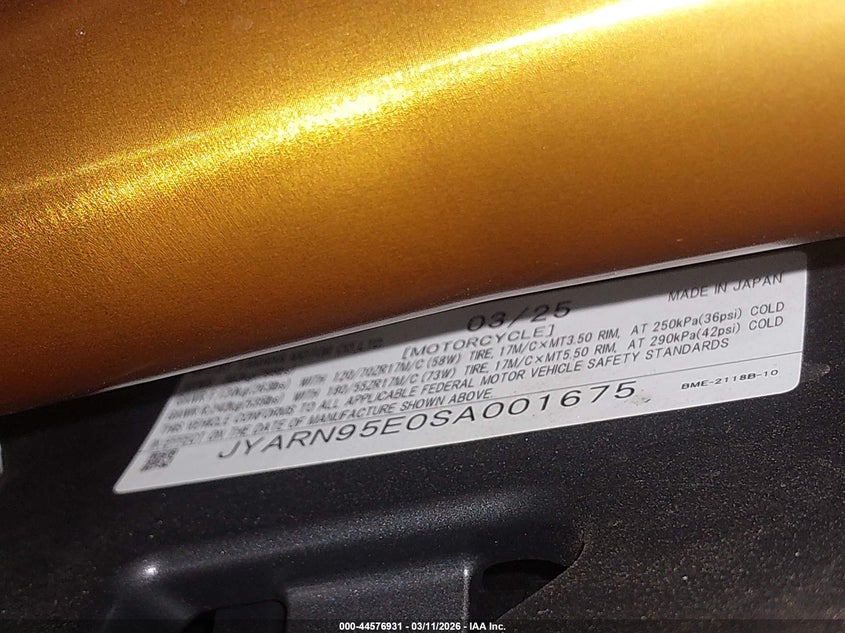 2025 Yamaha Mt09 Sp VIN: JYARN95E0SA001675 Lot: 44576931