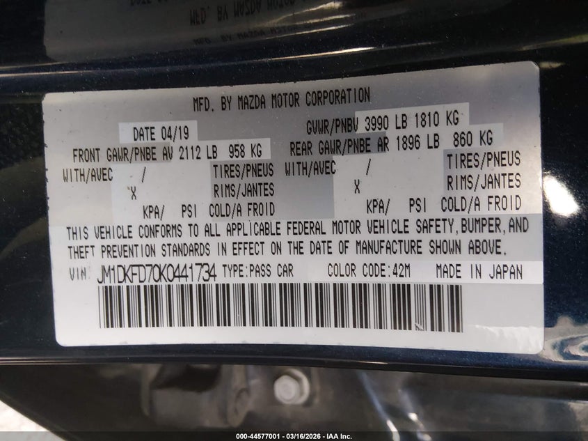 2019 Mazda Cx-3 Grand Touring VIN: JM1DKFD70K0441734 Lot: 44577001