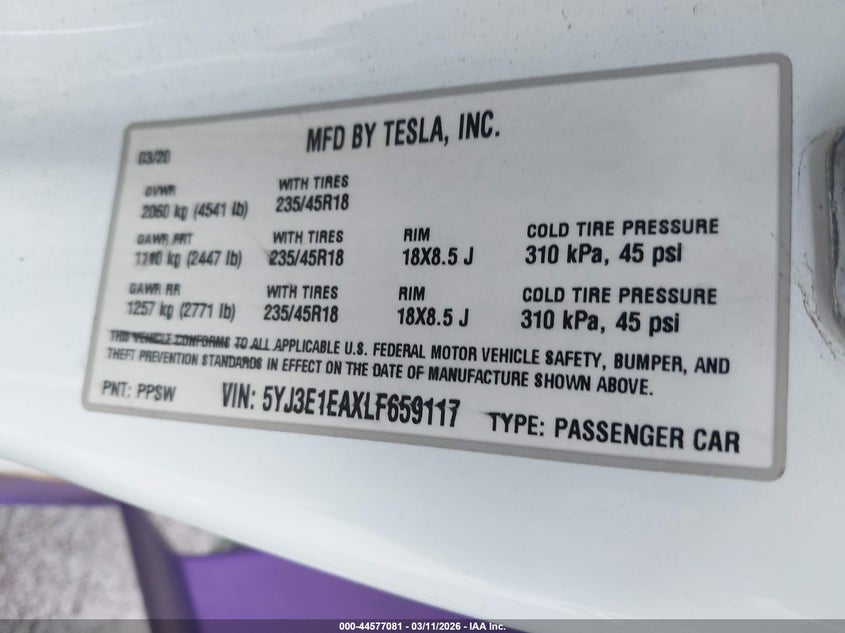 2020 TESLA MODEL 3 SEDAN ELECTRIC