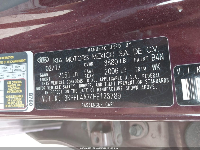 VIN 3KPFL4A74HE123789 2017 KIA FORTE LX