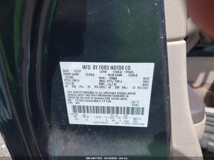 2008 Ford Escape 2.3 Xls xls Manual Grey Lot 111044577523 Vin 1FMCU02Z08KC17136