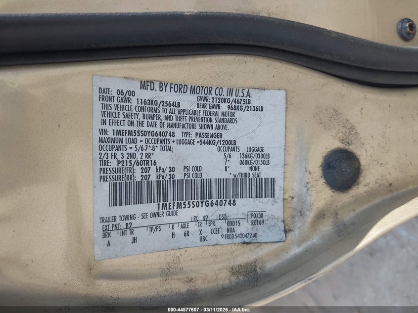 2000 Mercury Sable Ls Premium VIN: 1MEFM55S0YG640748 Lot: 44577607