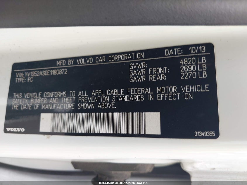 2014 Volvo S80 3.2/3.2 Platinum/3.2 Premier Plus VIN: YV1952AS0E1180872 Lot: 44578153