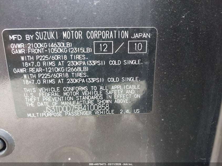 2011 Suzuki Grand Vitara Limited VIN: JS3TD0D75B4100858 Lot: 44578473