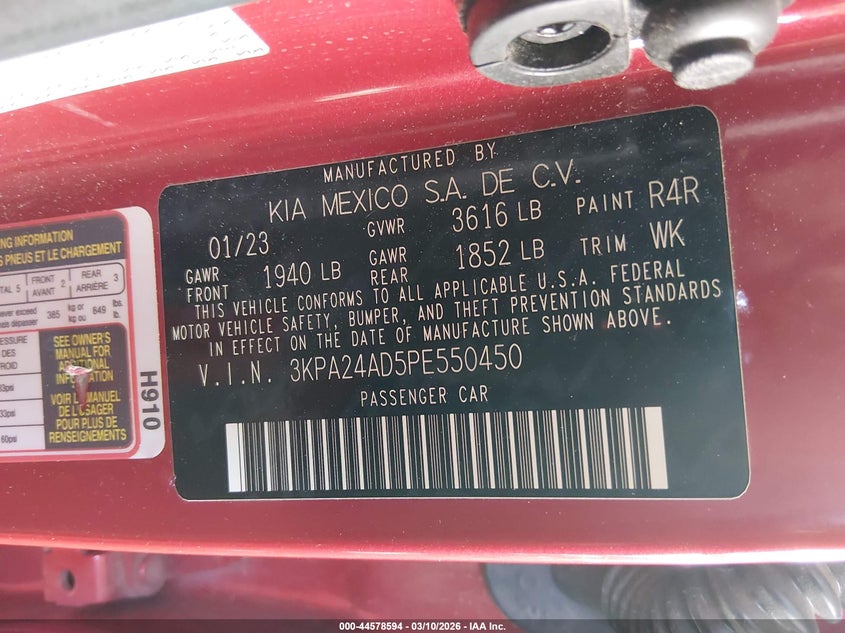 2023 Kia Rio S VIN: 3KPA24AD5PE550450 Lot: 44578594