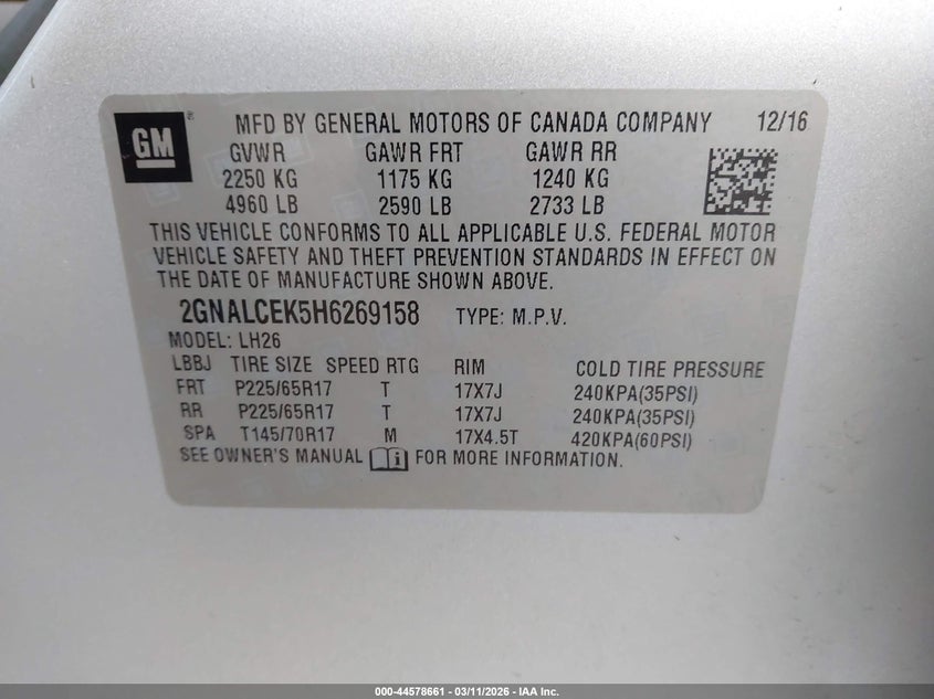 VIN 2GNALCEK5H6269158 2017 CHEVROLET EQUINOX LT