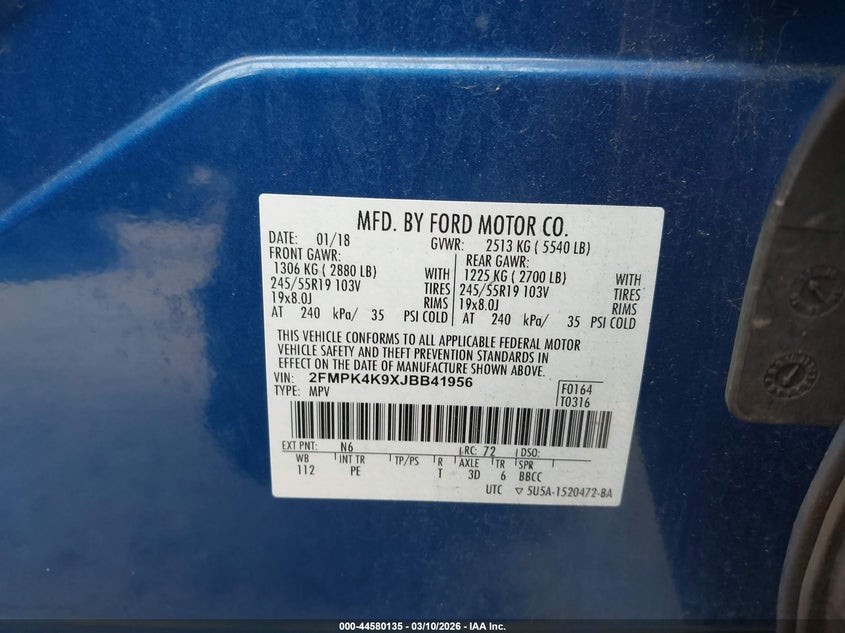 2018 Ford Edge Titanium VIN: 2FMPK4K9XJBB41956 Lot: 44580135