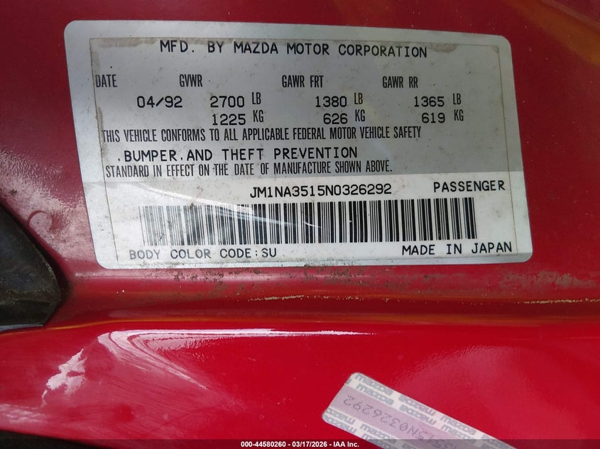 1992 Mazda Mx-5 Miata VIN: JM1NA3515N0326292 Lot: 44580260