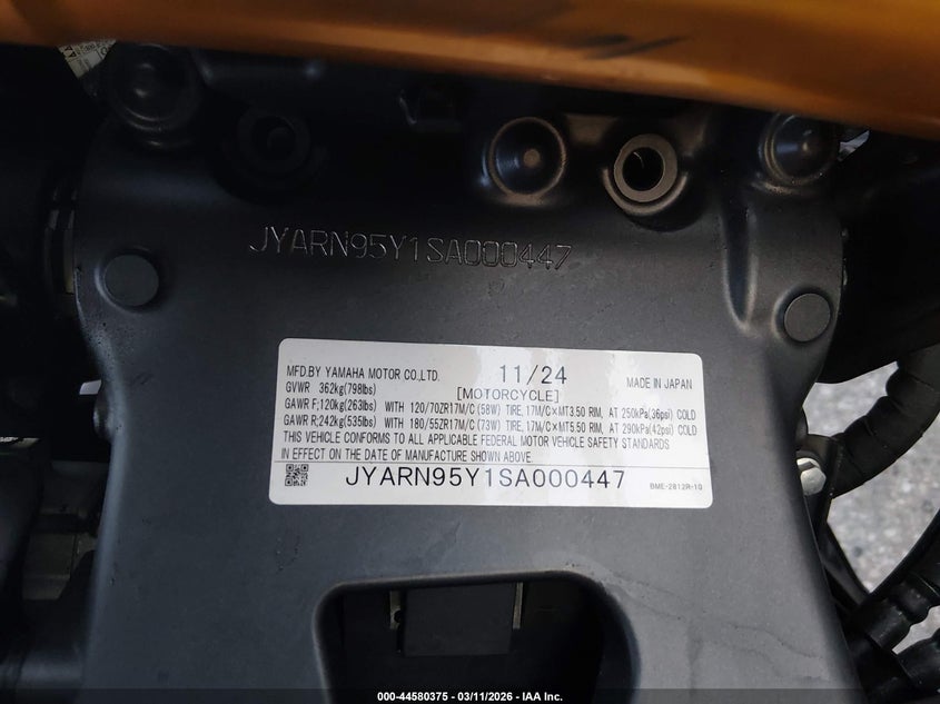 2025 Yamaha Mt09 Sp VIN: JYARN95Y1SA000447 Lot: 44580375