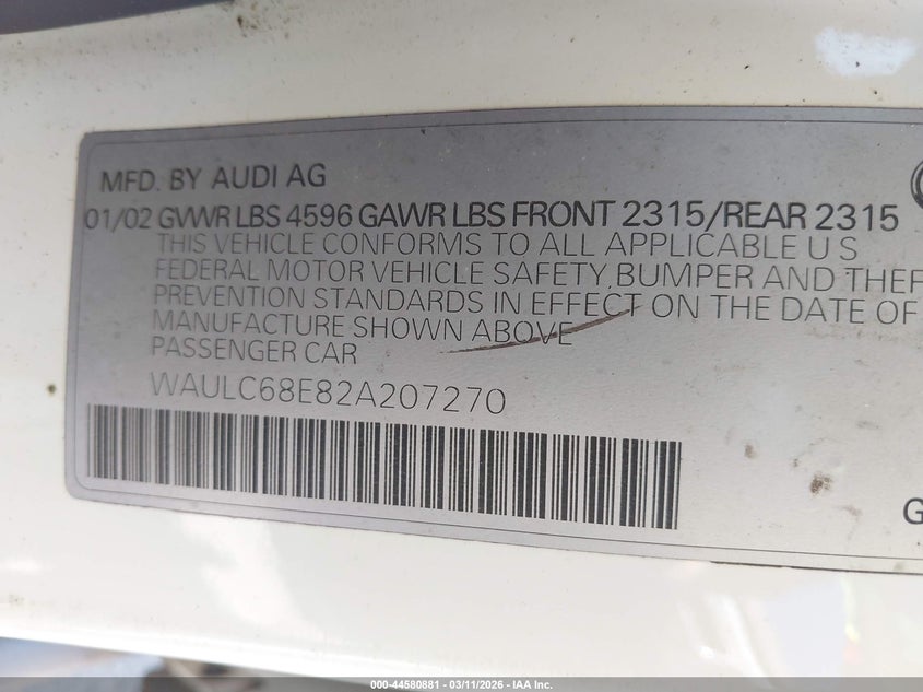2002 Audi A4 1.8T VIN: WAULC68E82A207270 Lot: 44580881