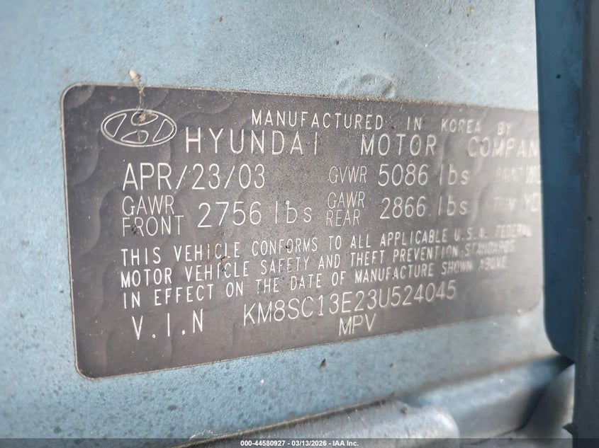 2003 Hyundai Santa Fe Gls/Lx VIN: KM8SC13E23U524045 Lot: 44580927
