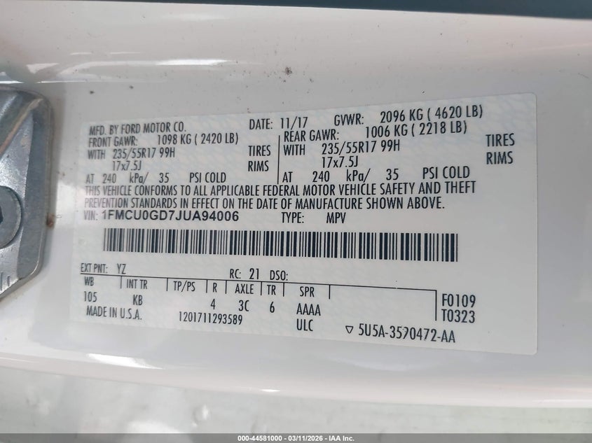 VIN 1FMCU0GD7JUA94006 2018 FORD ESCAPE SE