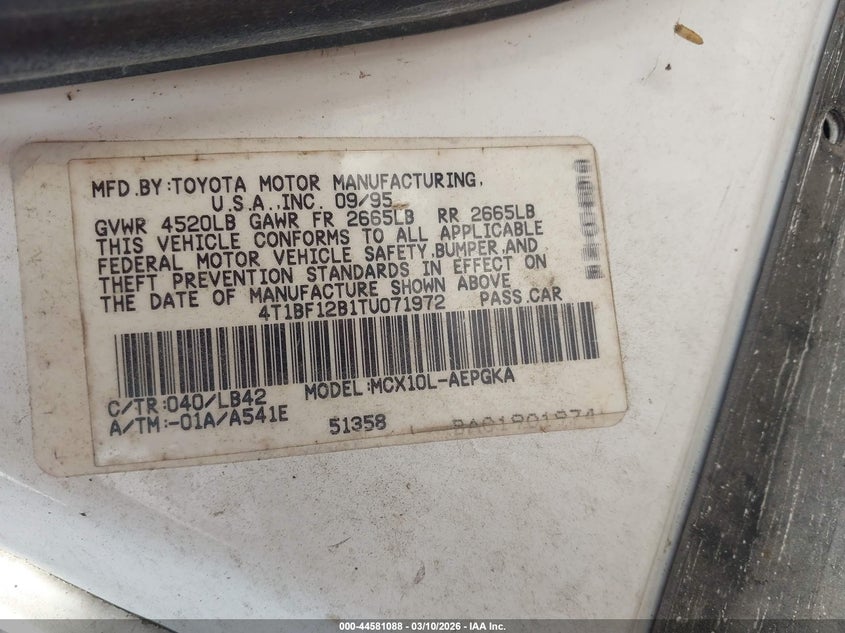 1996 Toyota Avalon Xl/Xls VIN: 4T1BF12B1TU071972 Lot: 44581088