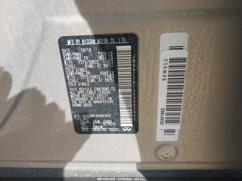 2019 Infiniti Qx80 Luxe VIN: JN8AZ2NFXK9683802 Lot: 44581238