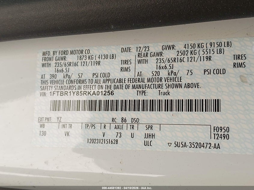 2024 Ford Transit 3.5 -250 white Lot 111044581392 Vin 1FTBR1Y85RKA01256
