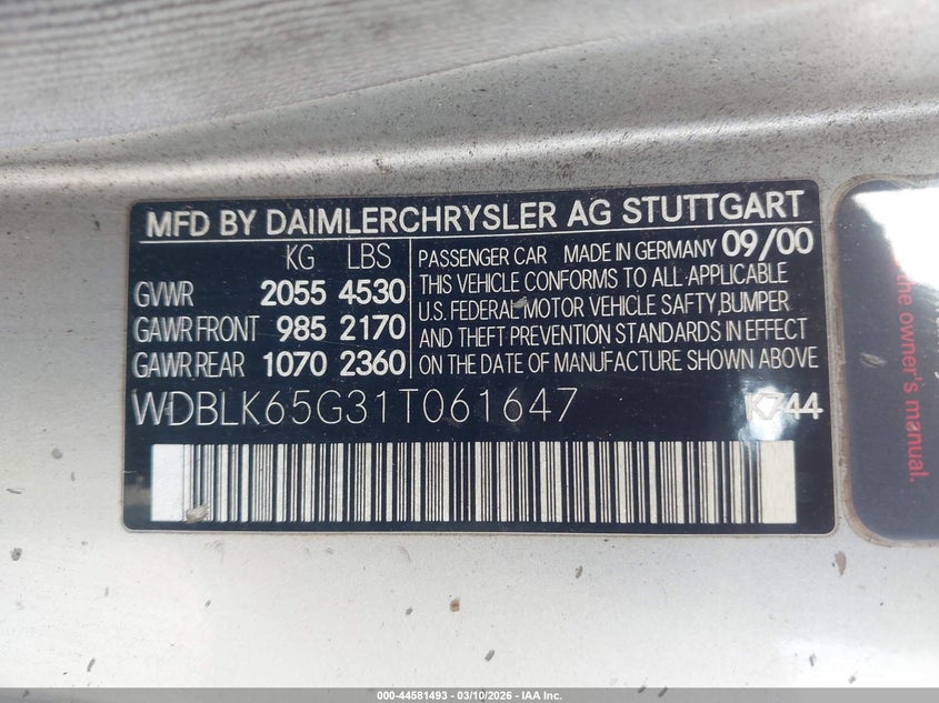 2001 Mercedes-Benz Clk 320 VIN: WDBLK65G31T061647 Lot: 44581493