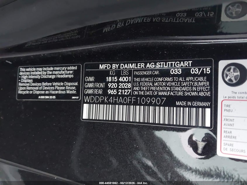 2015 Mercedes-Benz Slk 250 VIN: WDDPK4HA0FF109907 Lot: 44581862