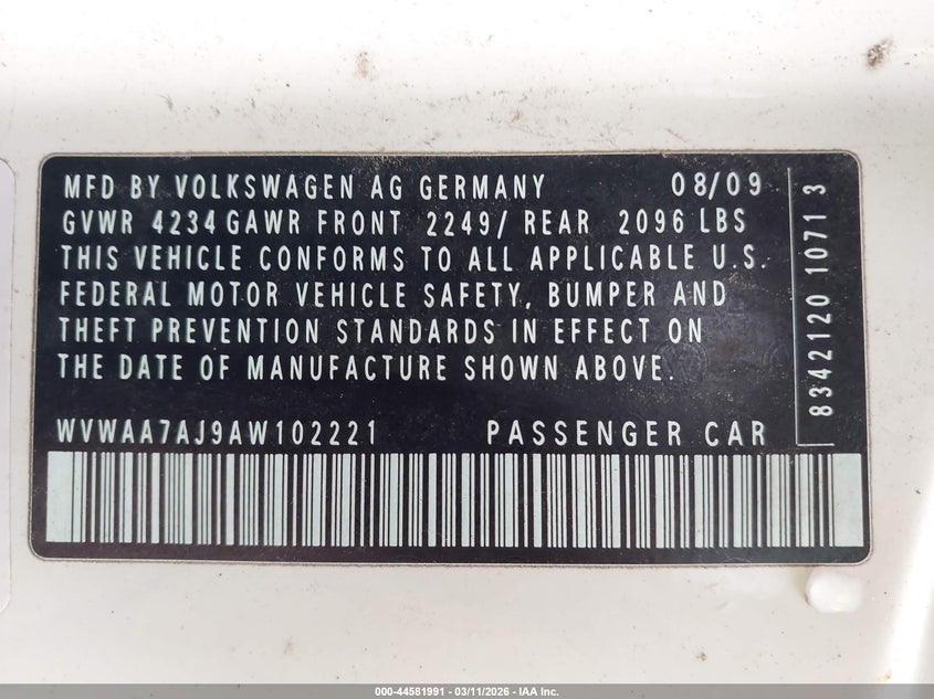 2010 Volkswagen Golf 2-Door VIN: WVWAA7AJ9AW102221 Lot: 44581991